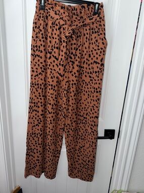 Wide Leg Paperbag Waist Pants in Rust with Black Spot Print